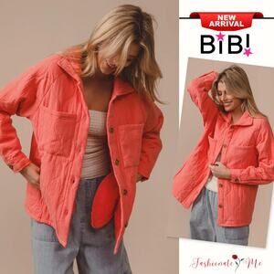 BiBi Quilted Wrinkle Gauze Long Sleeves Chest Pockets Oversized Shacket | Coral
